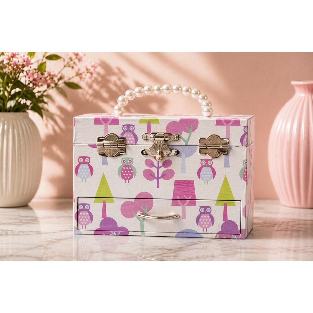 Owl Jewelry Box Purple Pink Green Trees Faux Pearl Handle Drawer Storage‎ Chest